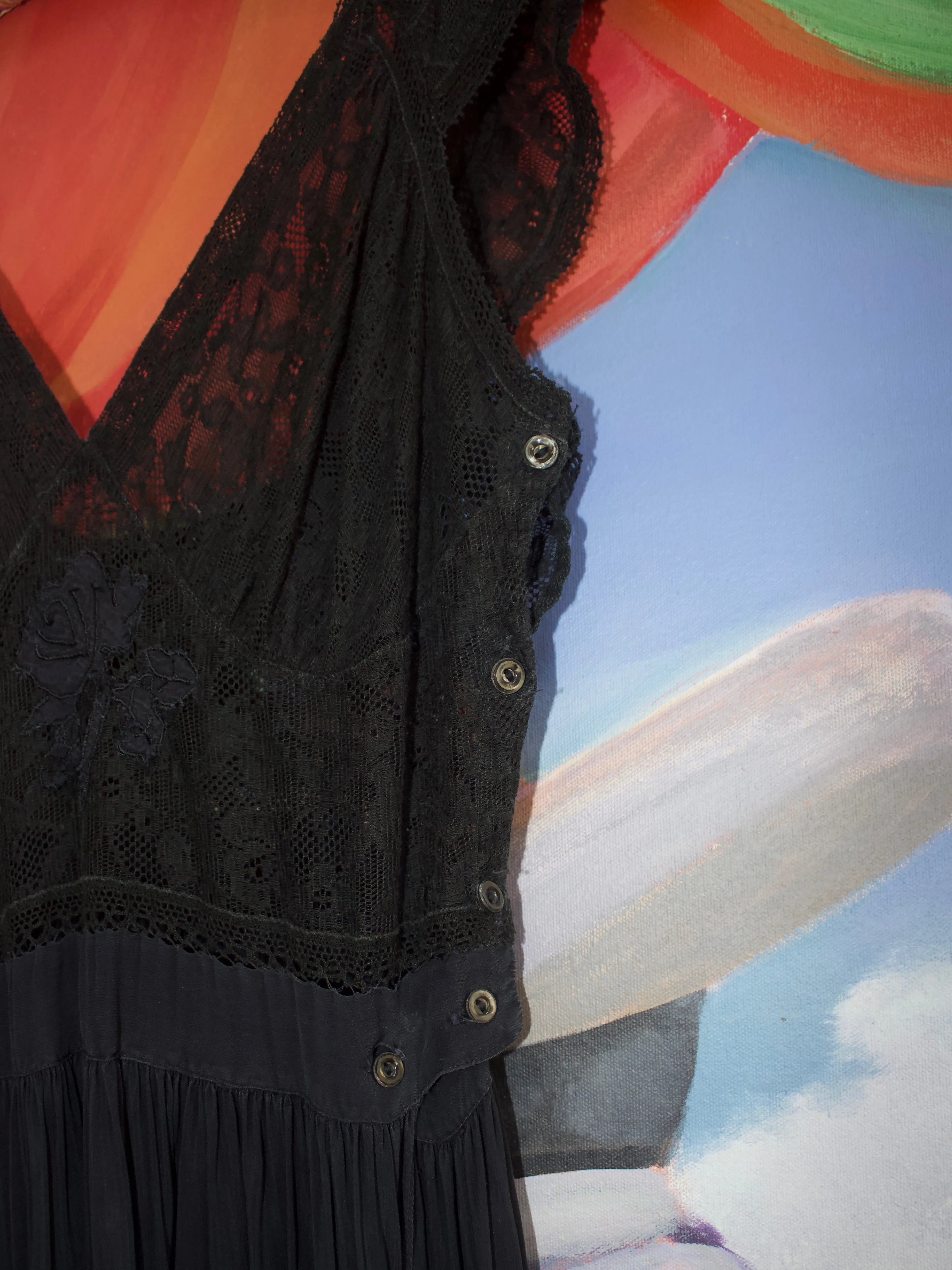 1930s Side Button Appliqué Lace & Silk Crepe Slip Dress
