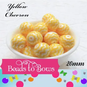 20mm Yellow Chevron on Matte White Pearls,  Bubblegum Beads, Chunky Gumball Beads, Bubblegum Bead Supply, Chunky Printed Pearl Beads