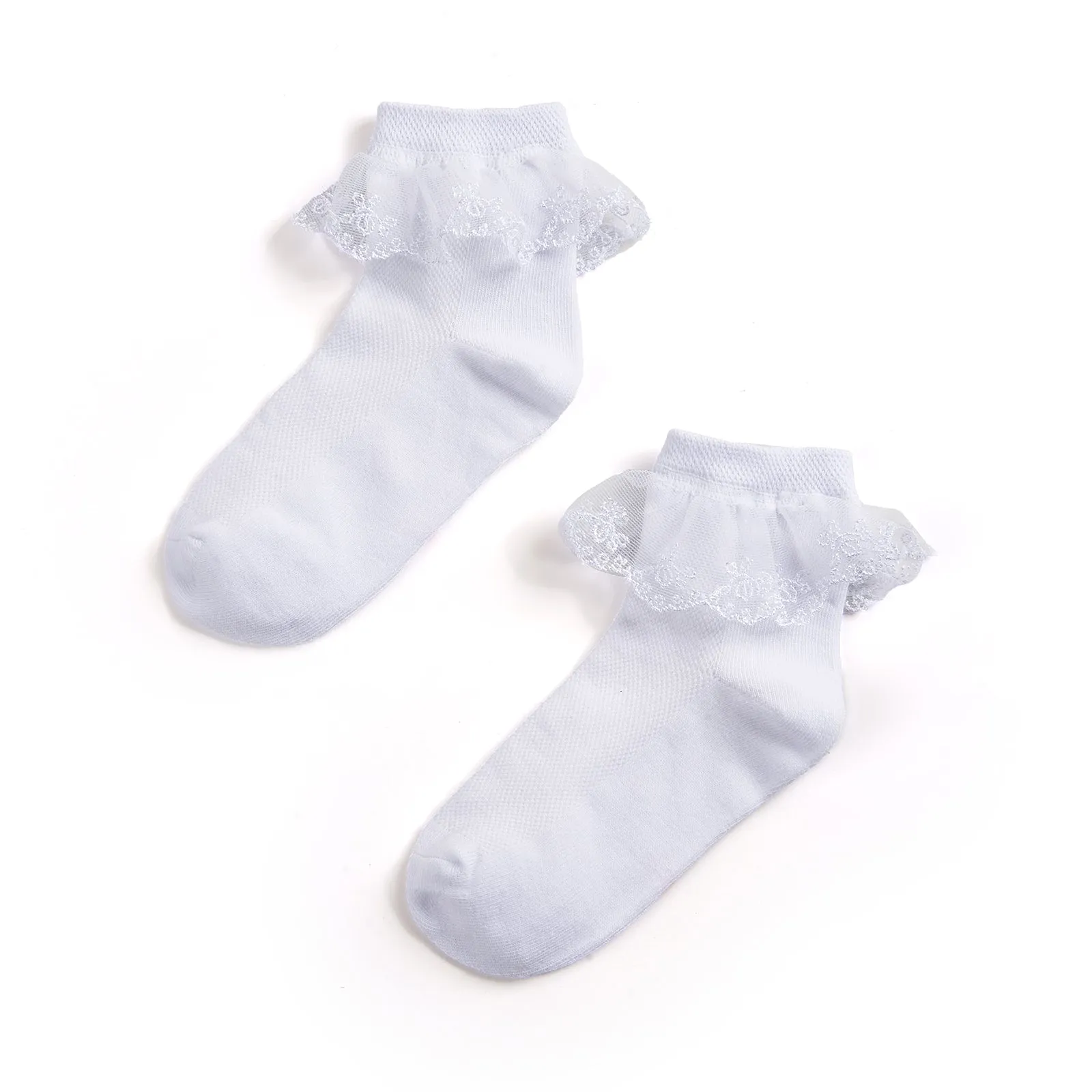 3pairs Girls Socks Solid Color Lace Ruffle Dance Crew Socks