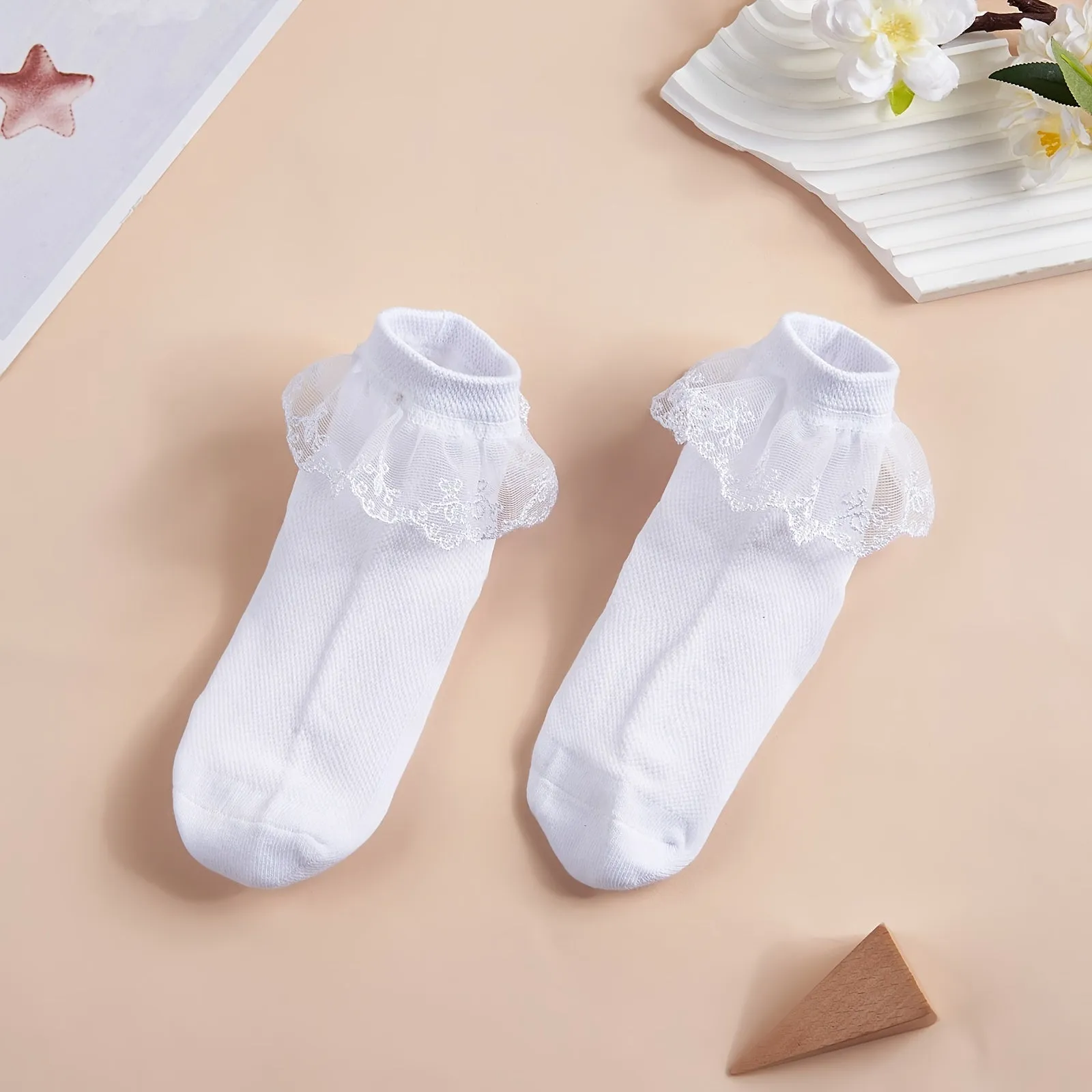 3pairs Girls Socks Solid Color Lace Ruffle Dance Crew Socks