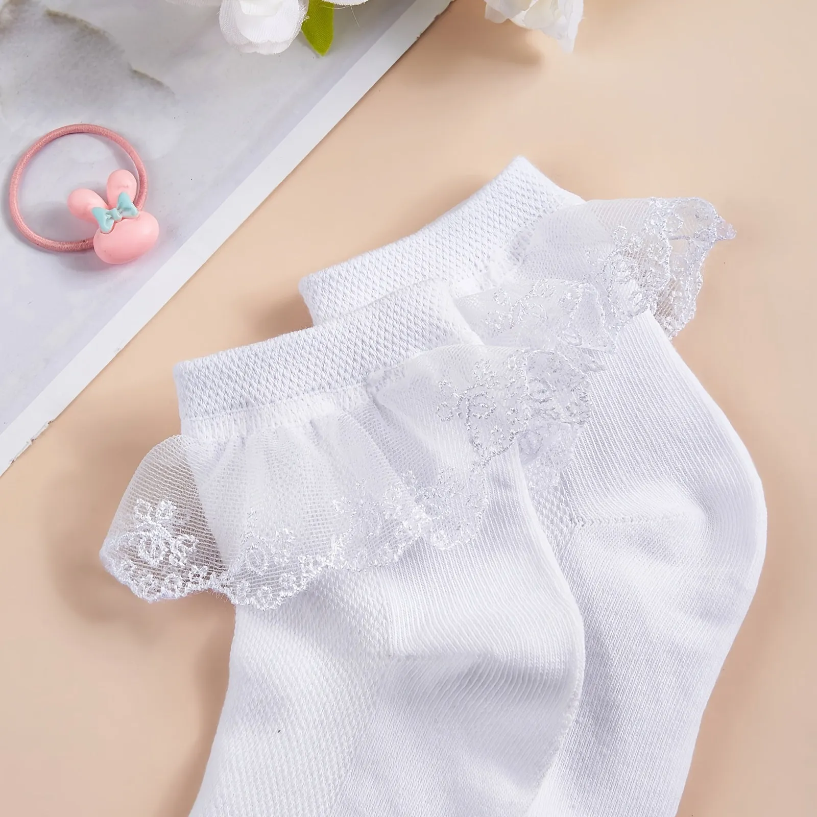 3pairs Girls Socks Solid Color Lace Ruffle Dance Crew Socks