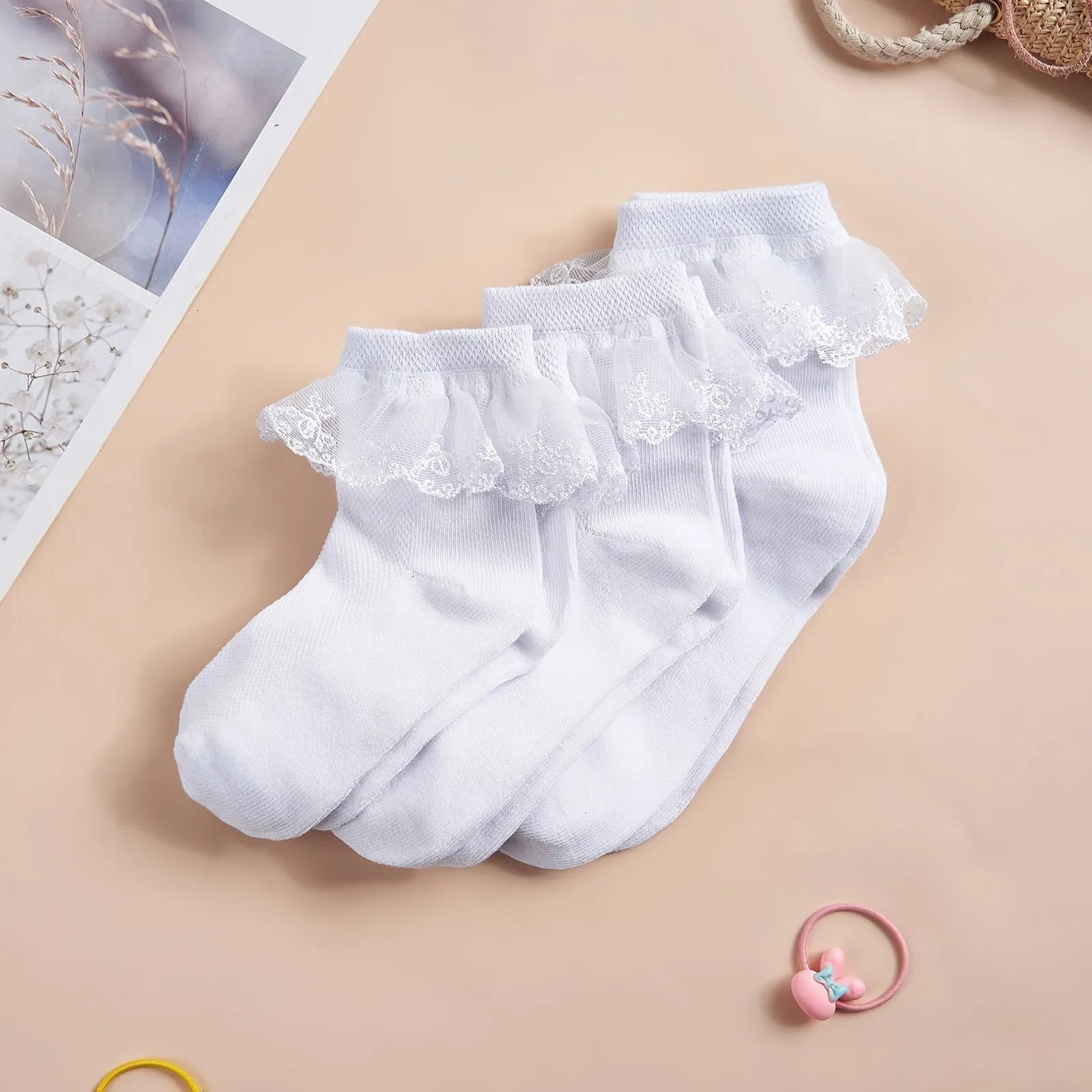 3pairs Girls Socks Solid Color Lace Ruffle Dance Crew Socks