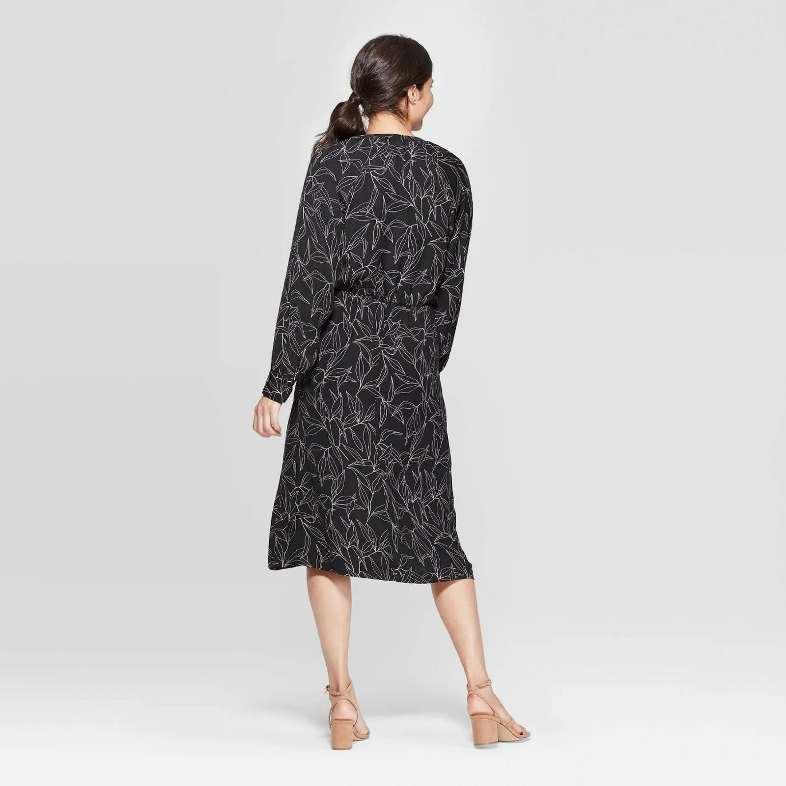 A New Day Women's Leaf Print Long Sleeve Midi Shirtdress