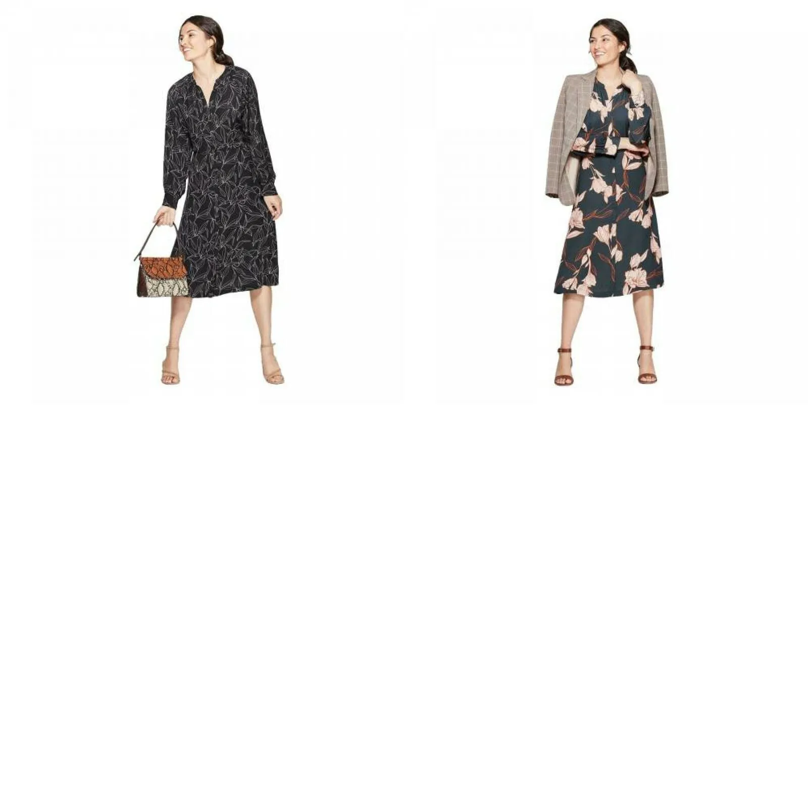 A New Day Women's Leaf Print Long Sleeve Midi Shirtdress