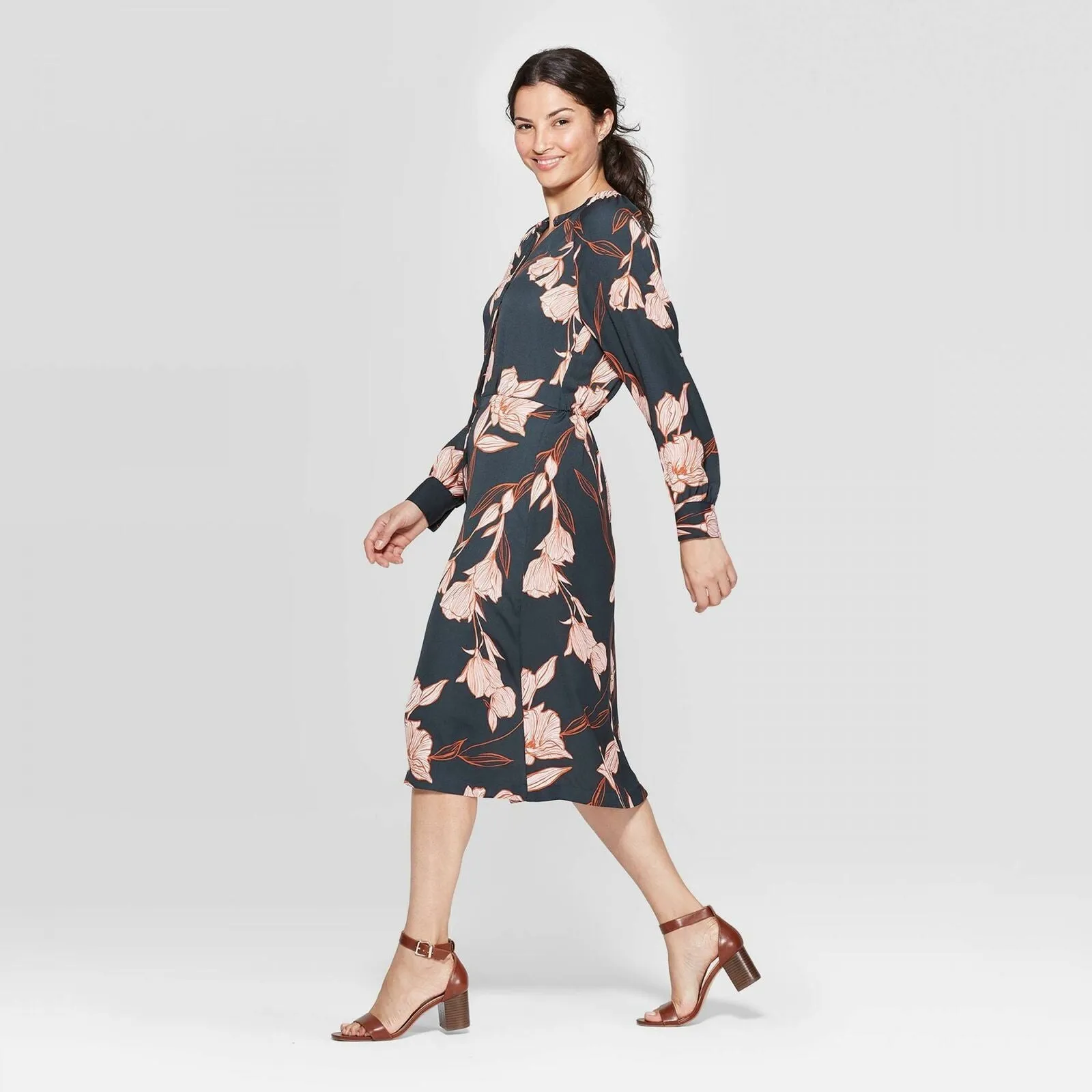 A New Day Women's Leaf Print Long Sleeve Midi Shirtdress