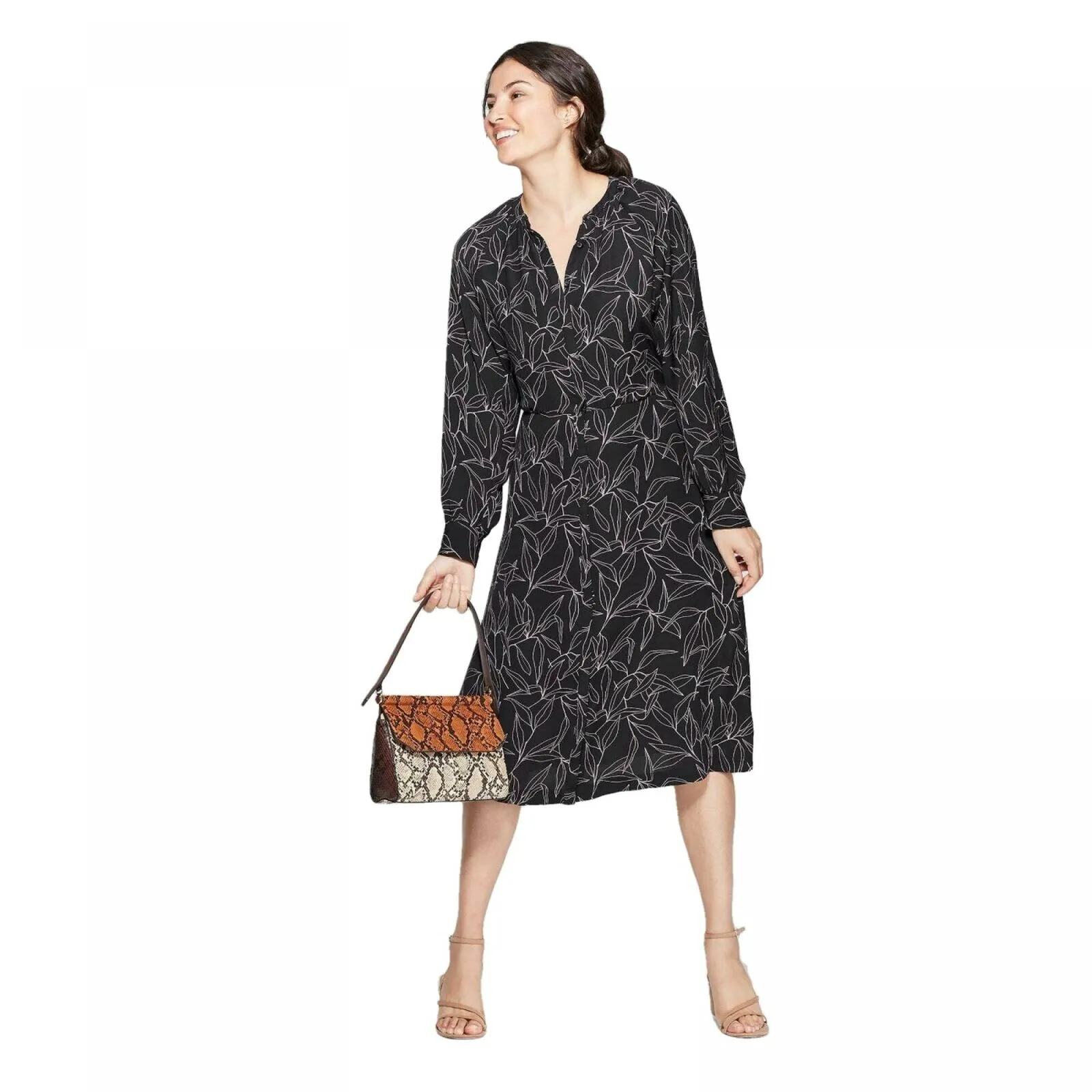 A New Day Women's Leaf Print Long Sleeve Midi Shirtdress