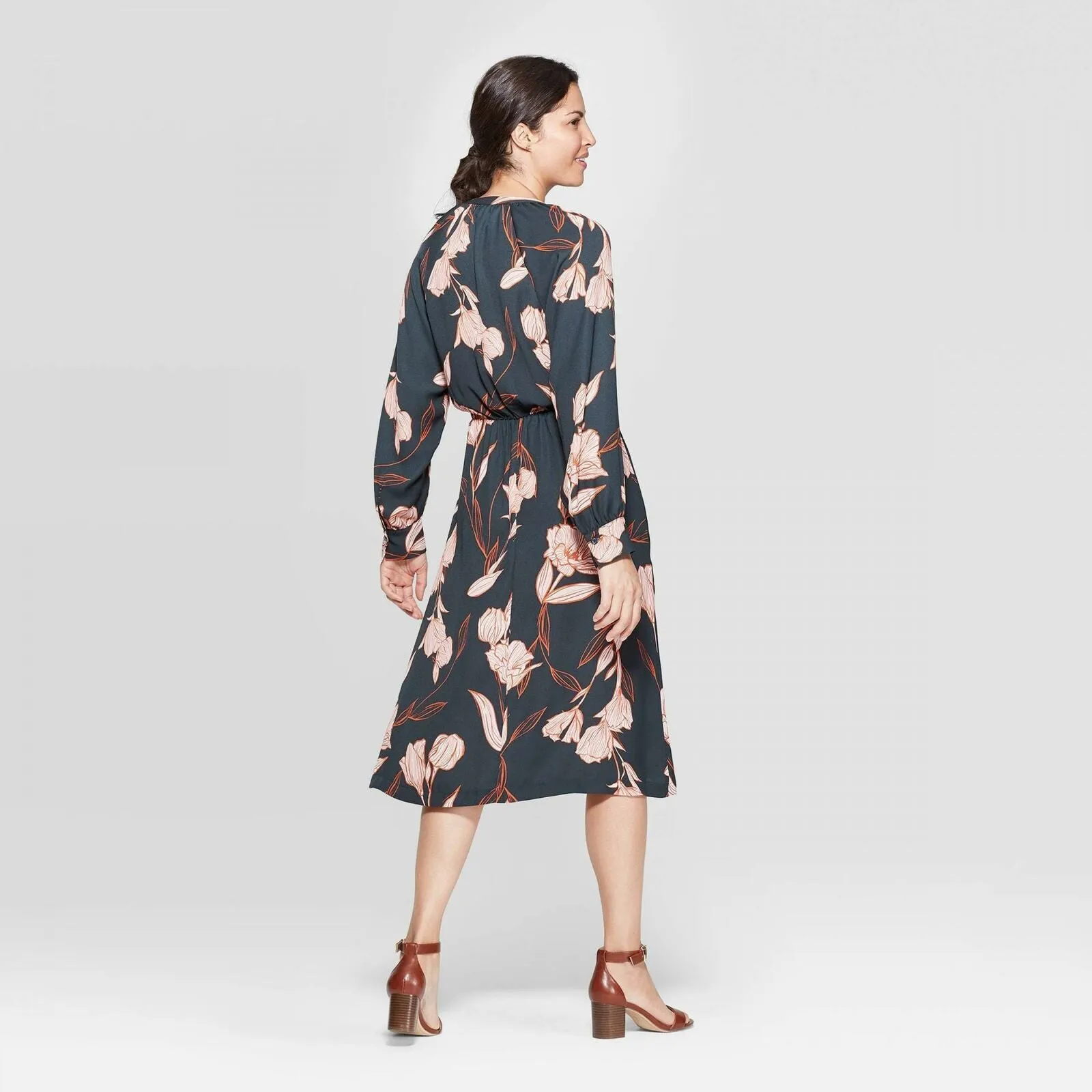 A New Day Women's Leaf Print Long Sleeve Midi Shirtdress