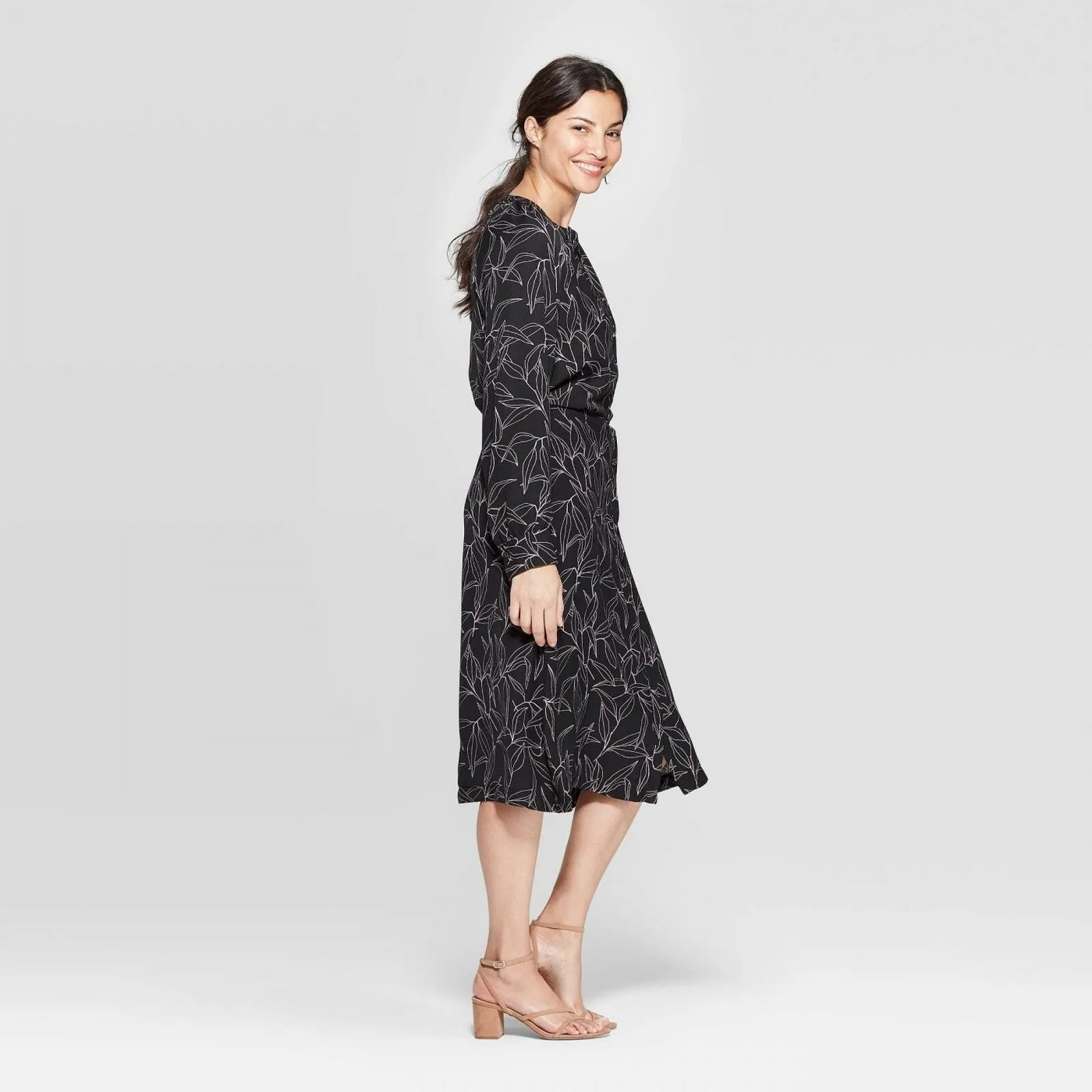 A New Day Women's Leaf Print Long Sleeve Midi Shirtdress