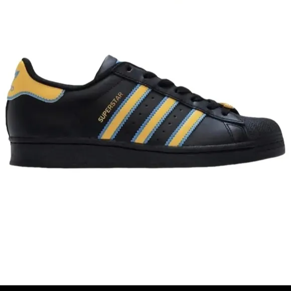Adidas Superstar Black Sneakers with Yellow and Blue Stripes