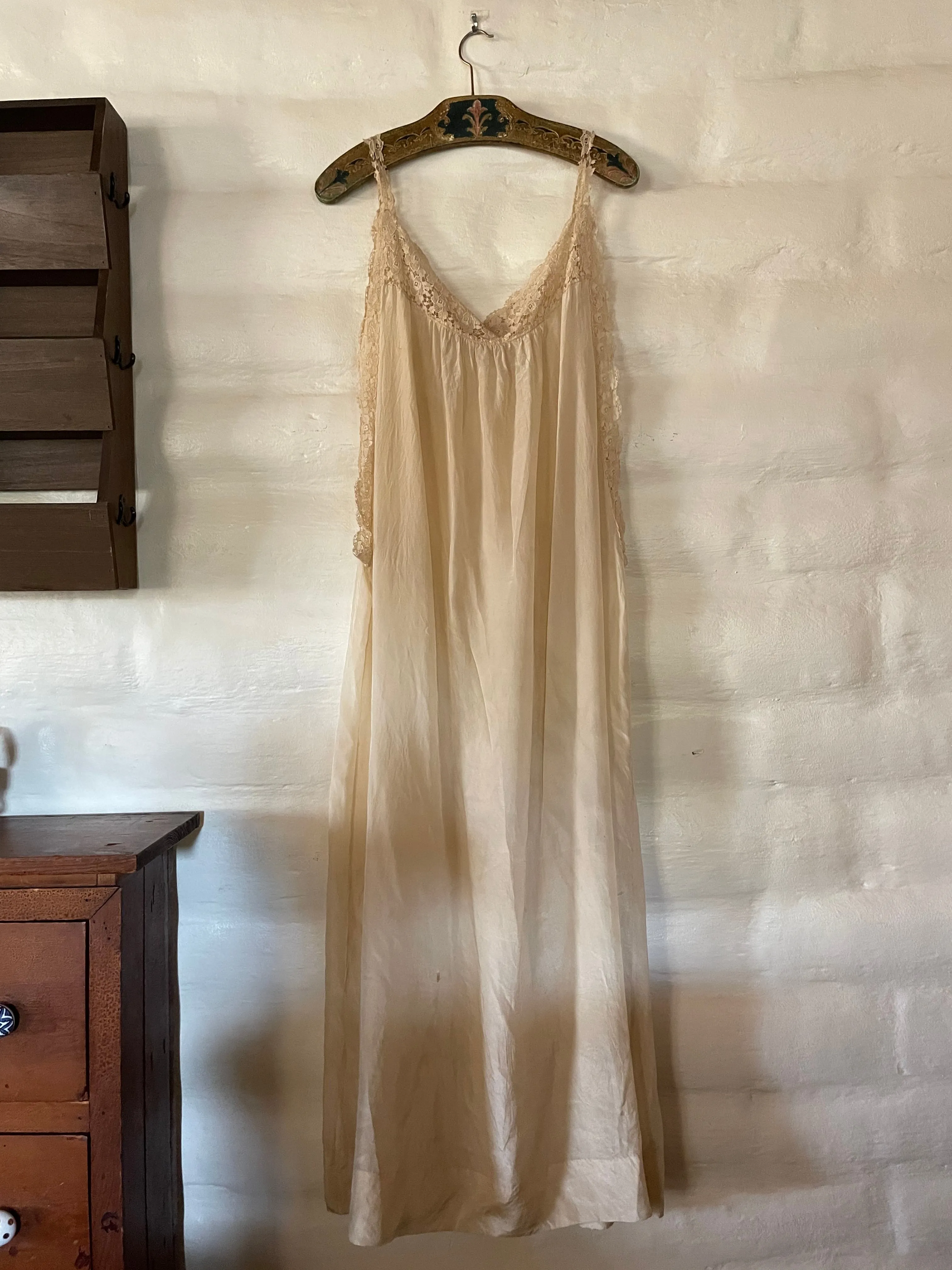 Antique Edwardian Ecru Lace Silk Slip Dress