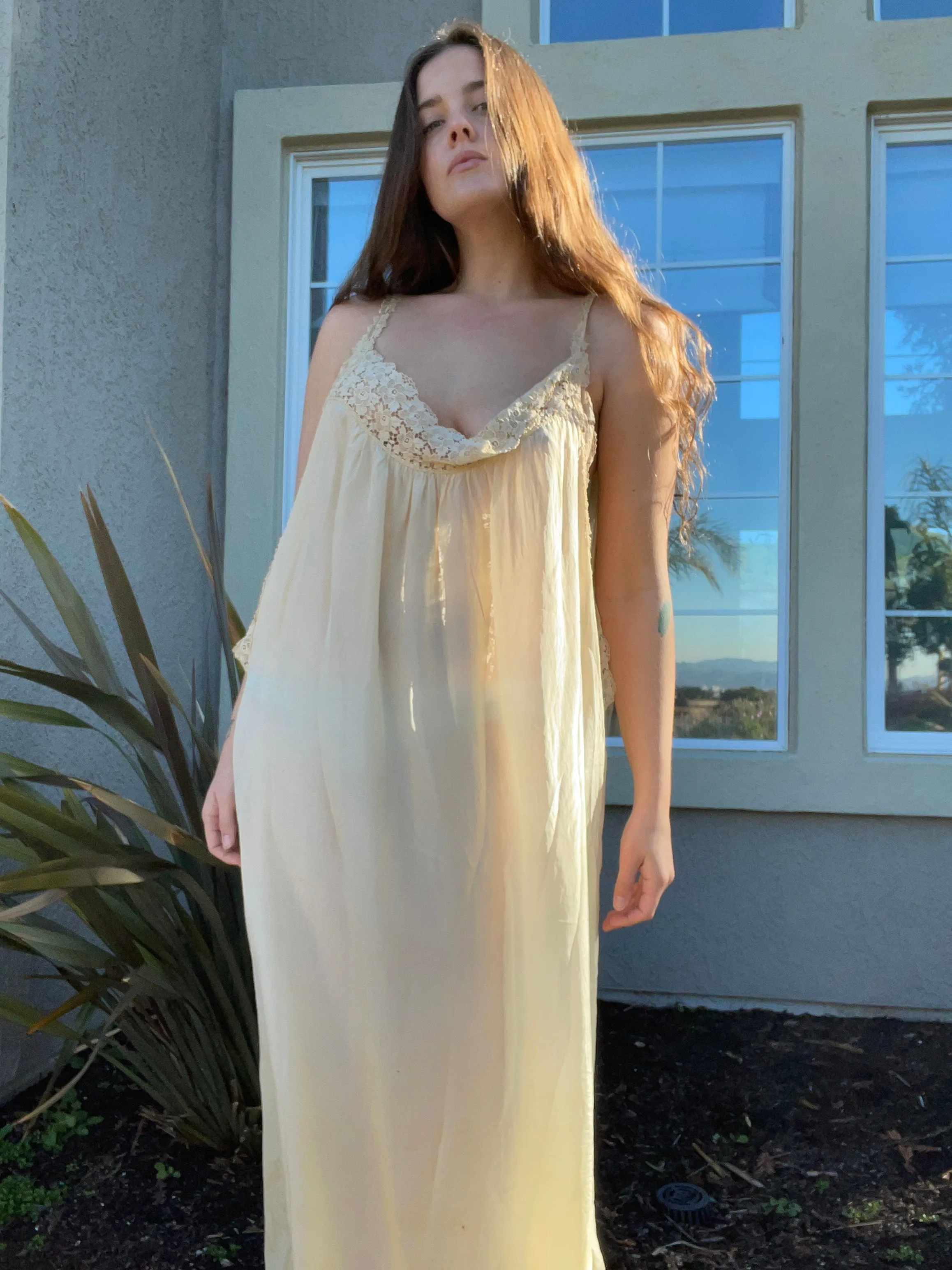 Antique Edwardian Ecru Lace Silk Slip Dress