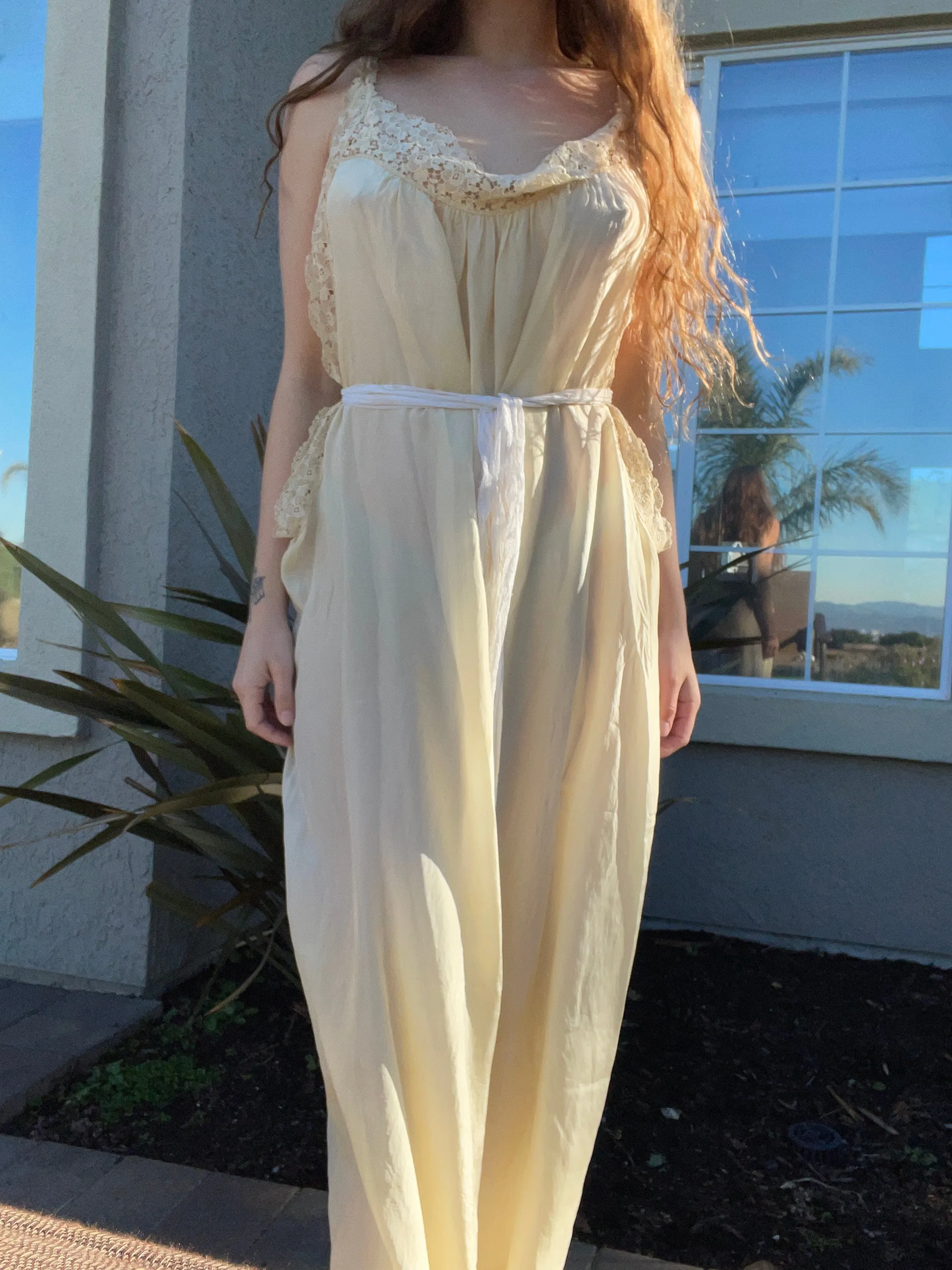 Antique Edwardian Ecru Lace Silk Slip Dress
