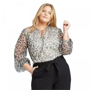 Ava &Viv Women's Plus Size Abstract Print Long Sleeve Tie Blouse