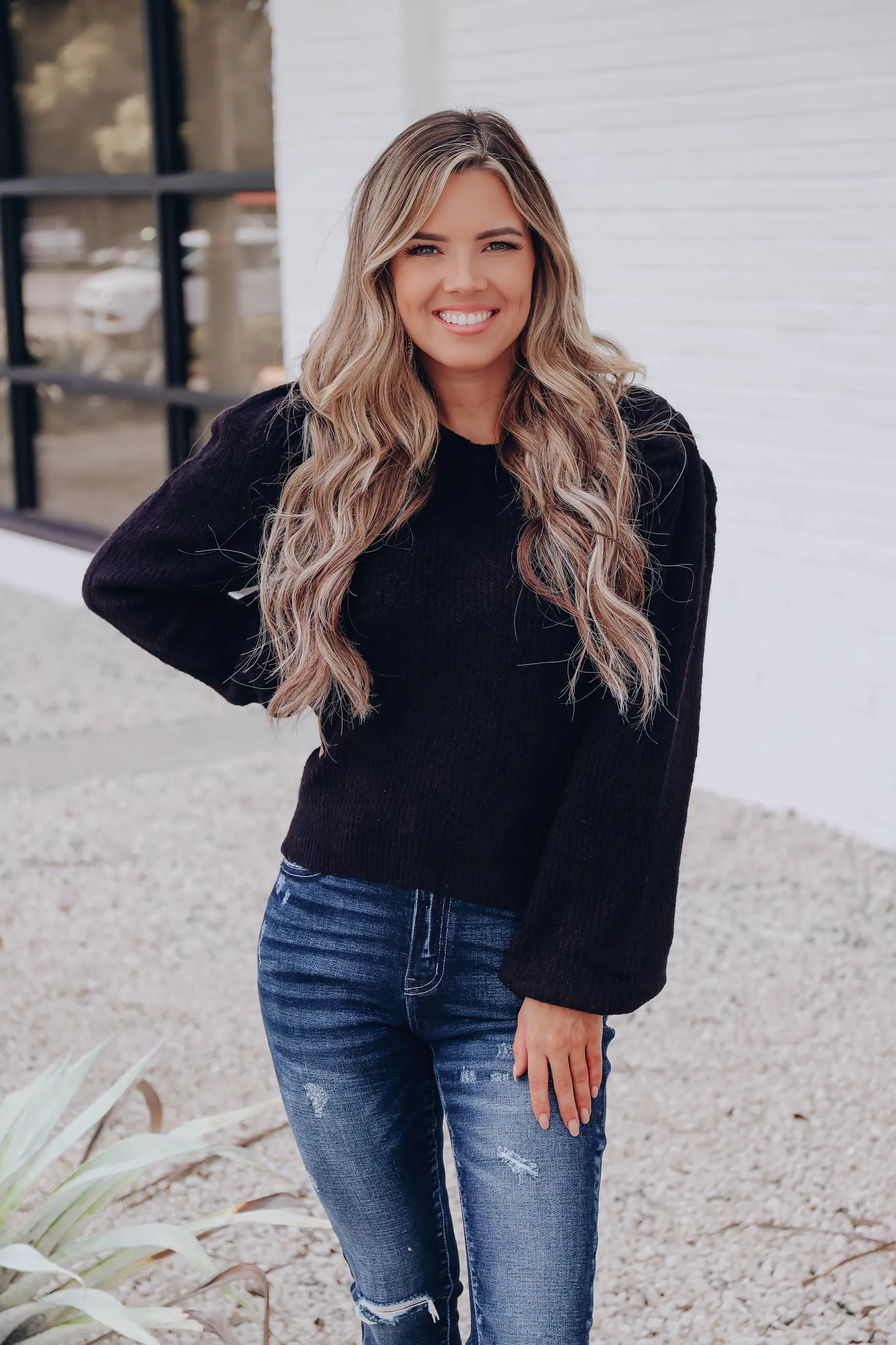 Belfast Pleated Puff Sleeve Sweater - Black