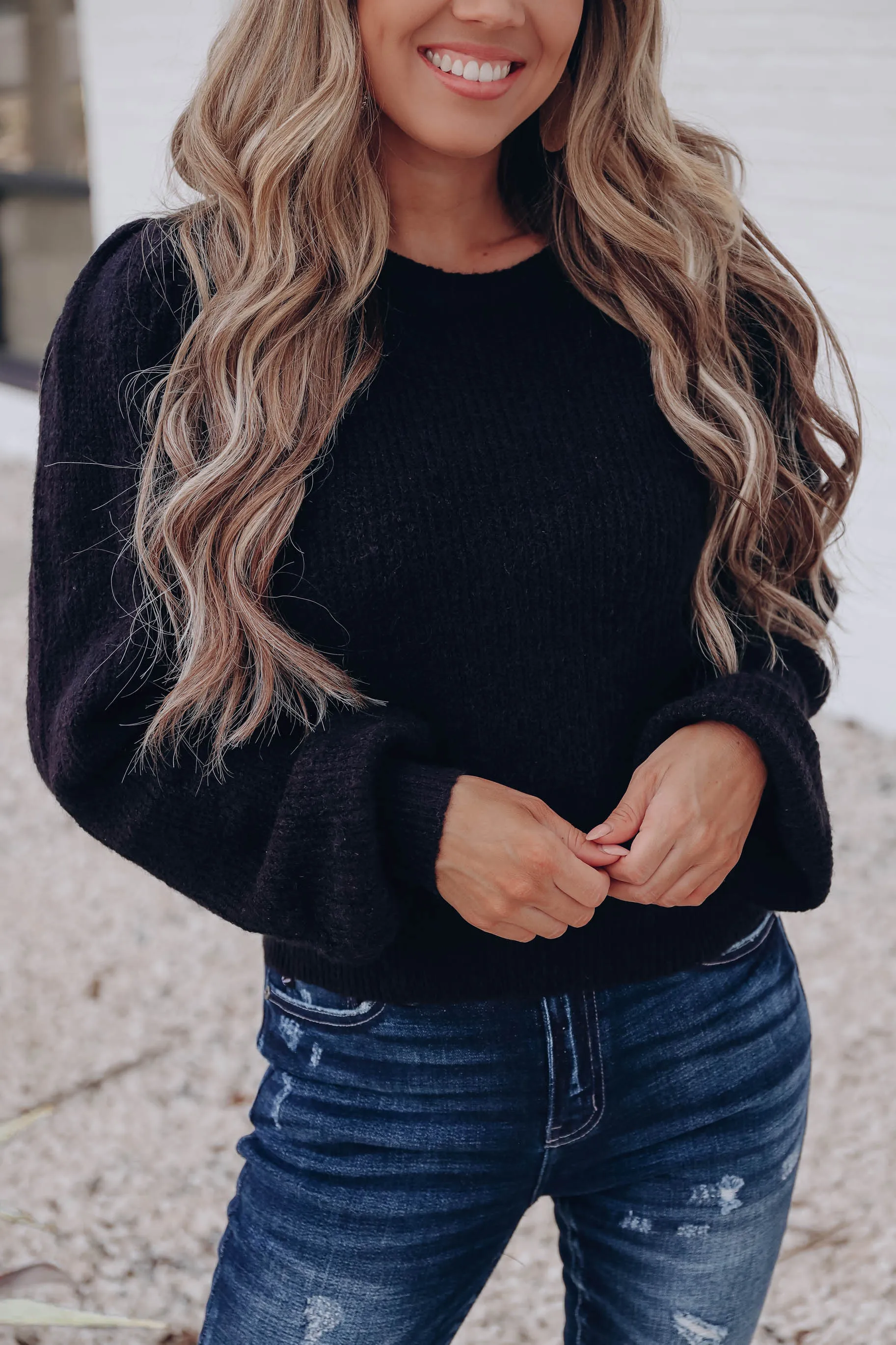 Belfast Pleated Puff Sleeve Sweater - Black