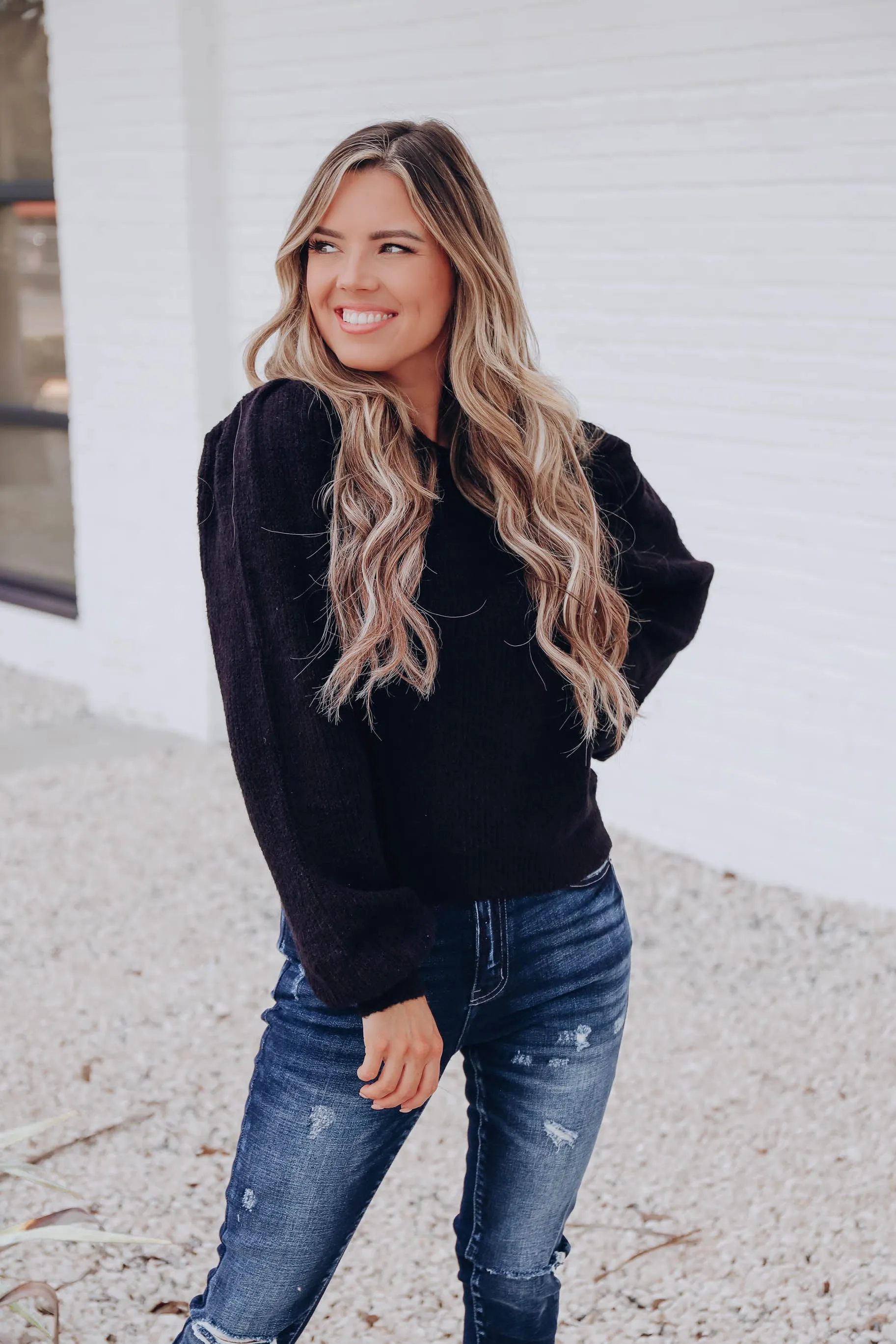 Belfast Pleated Puff Sleeve Sweater - Black