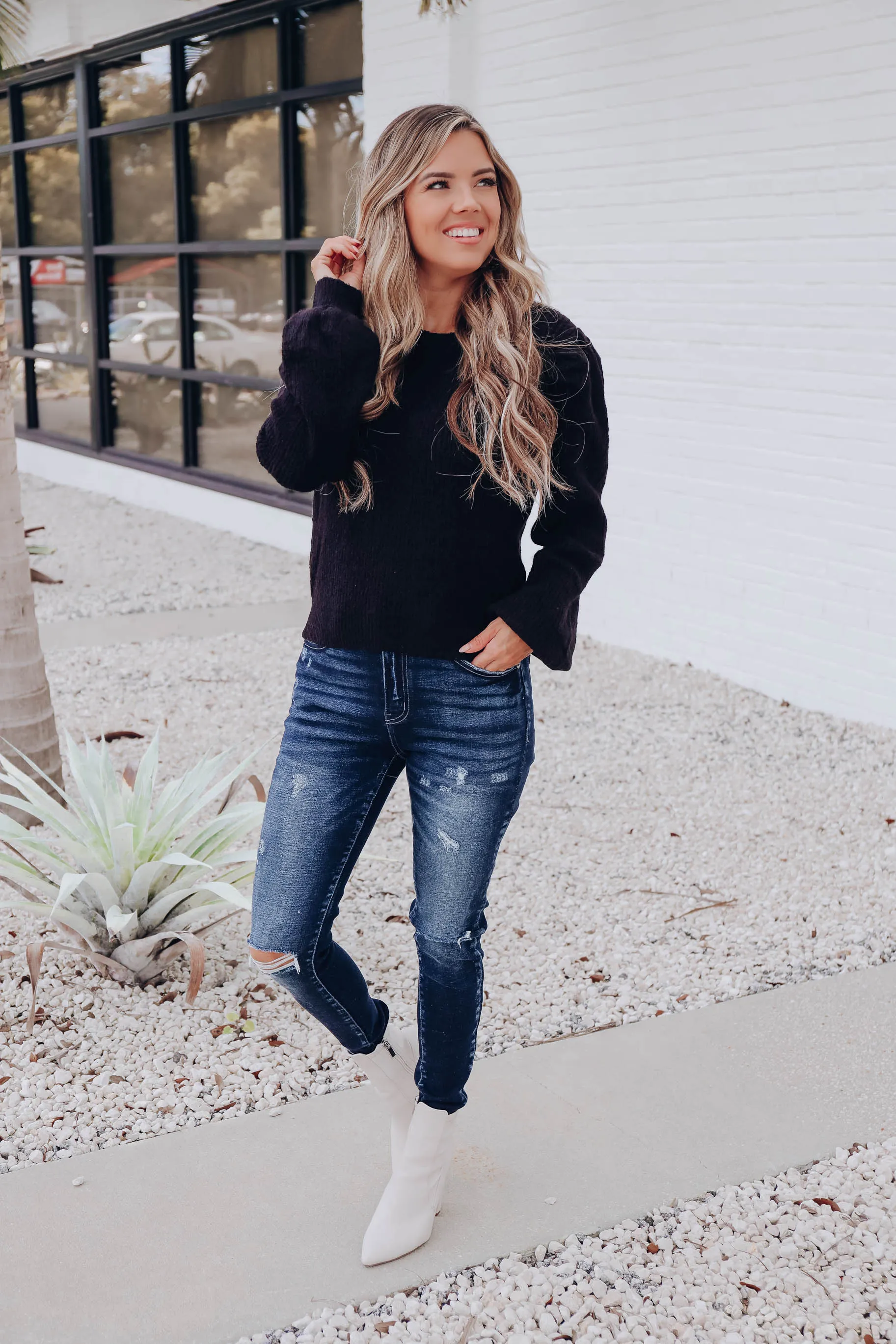 Belfast Pleated Puff Sleeve Sweater - Black