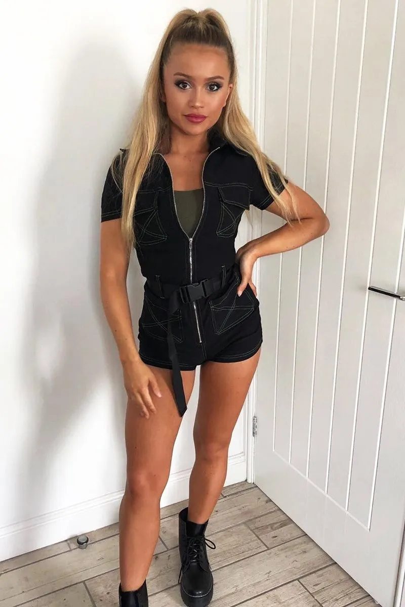 Black Lime Contrast Stitch Utility Belted Playsuit - Mina