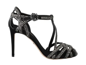 Black Suede Crystal Strass Sandals