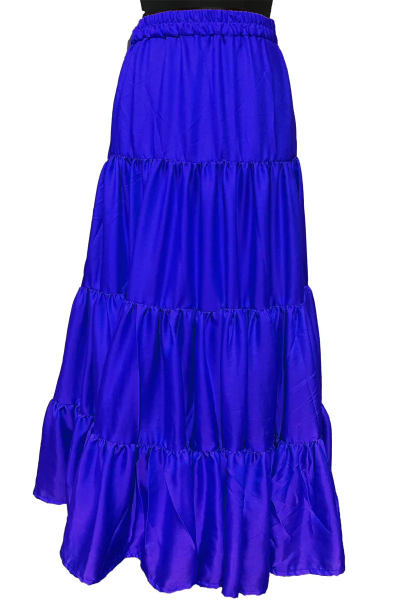 Bright Blue Tiered Silk Ankle Length Skirt Comfortable Elastic Waist Flared Layer