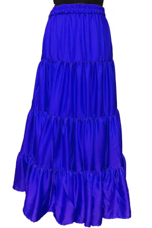 Bright Blue Tiered Silk Ankle Length Skirt Comfortable Elastic Waist Flared Layer
