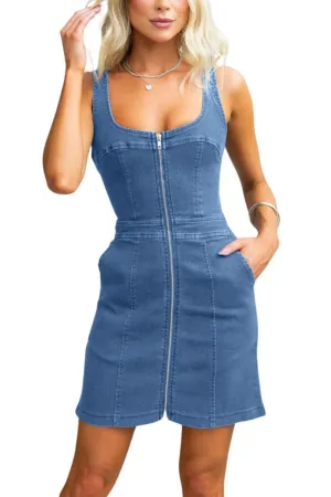 Chouyatou Womens Summer Casual Tank Denim Dress Sleeveless Zipper Front Mini Sexy Jean Dresses with Pockets