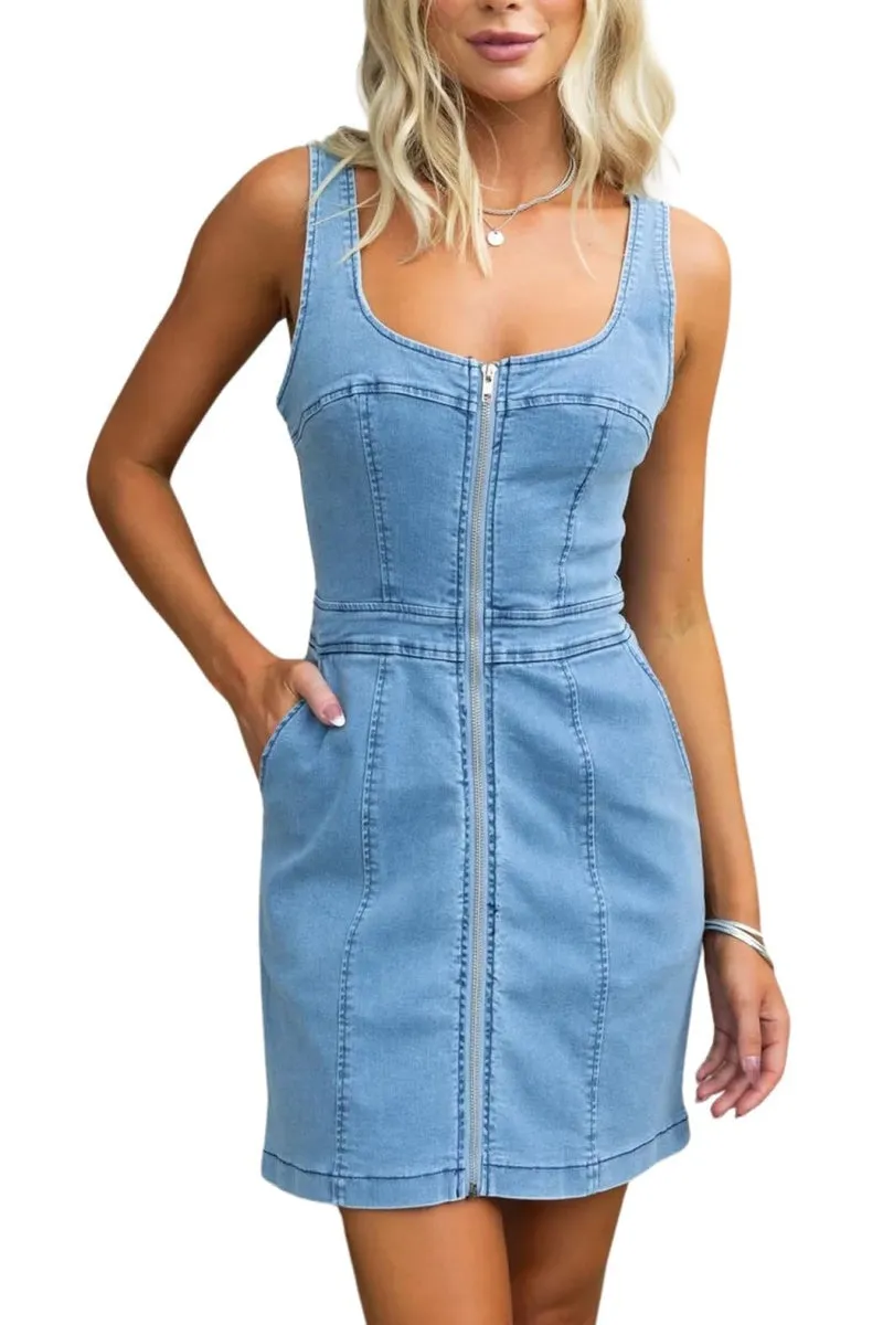 Chouyatou Womens Summer Casual Tank Denim Dress Sleeveless Zipper Front Mini Sexy Jean Dresses with Pockets
