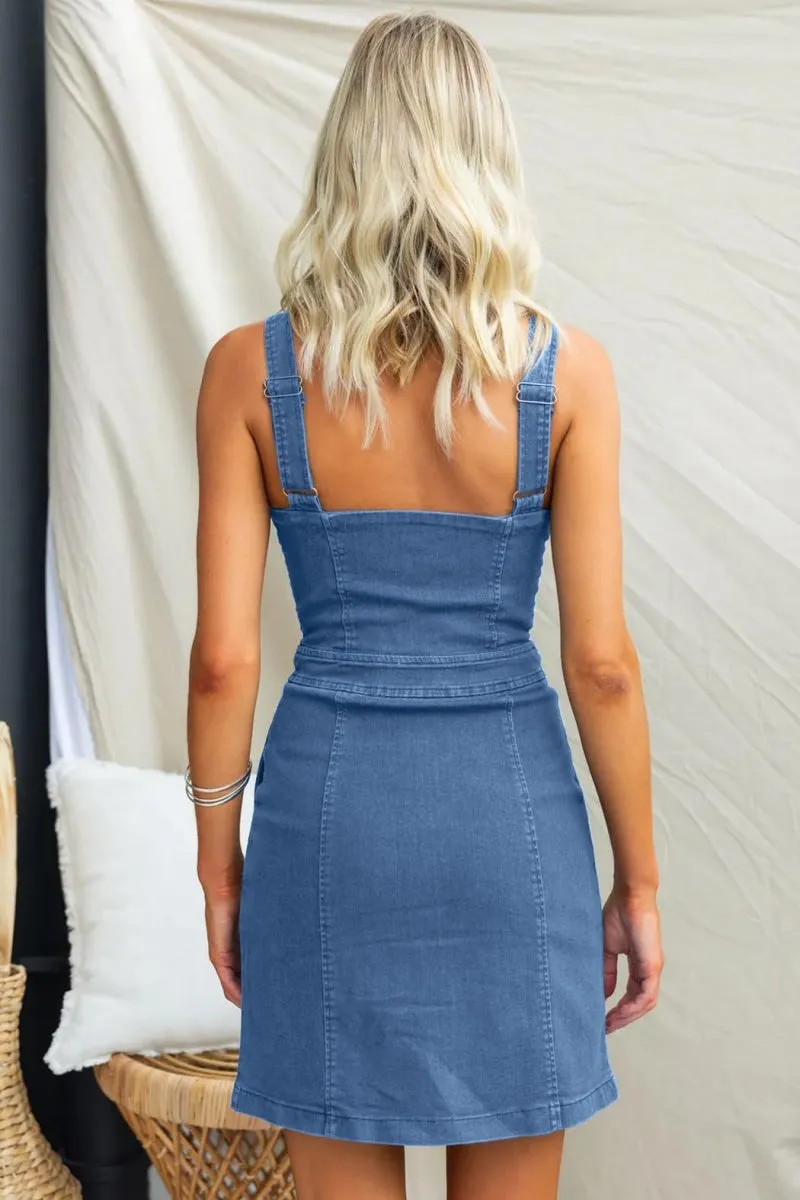 Chouyatou Womens Summer Casual Tank Denim Dress Sleeveless Zipper Front Mini Sexy Jean Dresses with Pockets