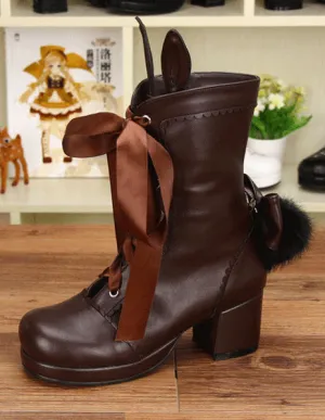 Coffee Brown Lolita Short Boots Square Heels Lace Up Bunny Ear Decor