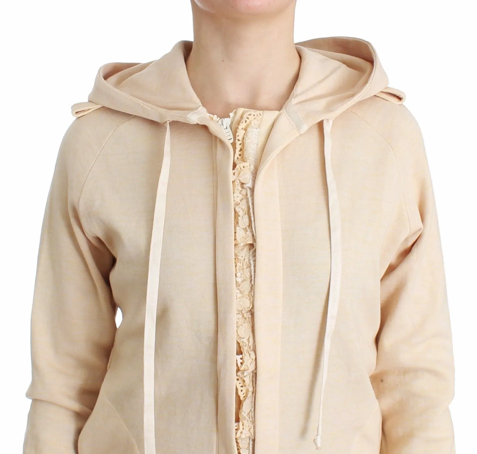 Comfortable and Pretty Beige Lace Hooded Zip Cardigan Hoodie Sweatshirt