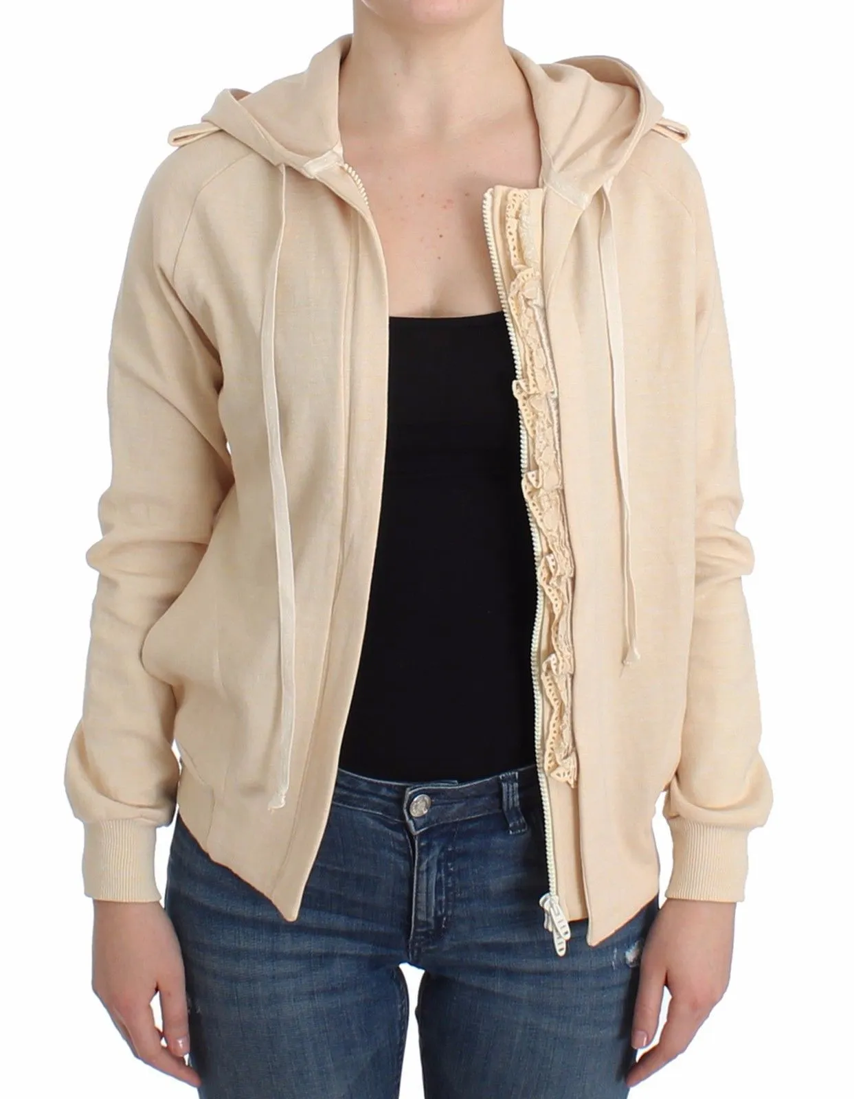 Comfortable and Pretty Beige Lace Hooded Zip Cardigan Hoodie Sweatshirt
