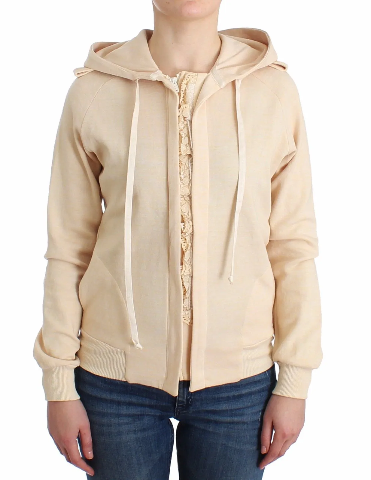 Comfortable and Pretty Beige Lace Hooded Zip Cardigan Hoodie Sweatshirt
