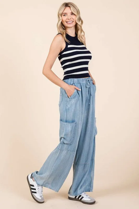 Crave The Comfort Washed Light Elastic Waist Cargo Wide Leg Pants