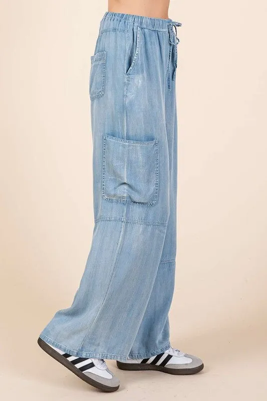 Crave The Comfort Washed Light Elastic Waist Cargo Wide Leg Pants