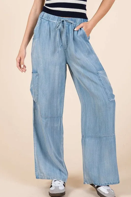 Crave The Comfort Washed Light Elastic Waist Cargo Wide Leg Pants