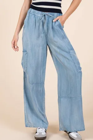 Crave The Comfort Washed Light Elastic Waist Cargo Wide Leg Pants