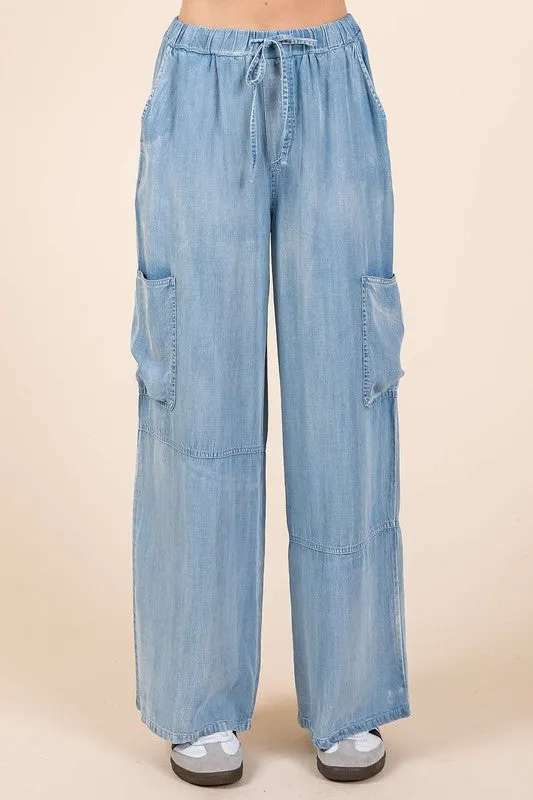 Crave The Comfort Washed Light Elastic Waist Cargo Wide Leg Pants