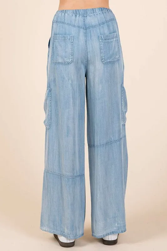 Crave The Comfort Washed Light Elastic Waist Cargo Wide Leg Pants
