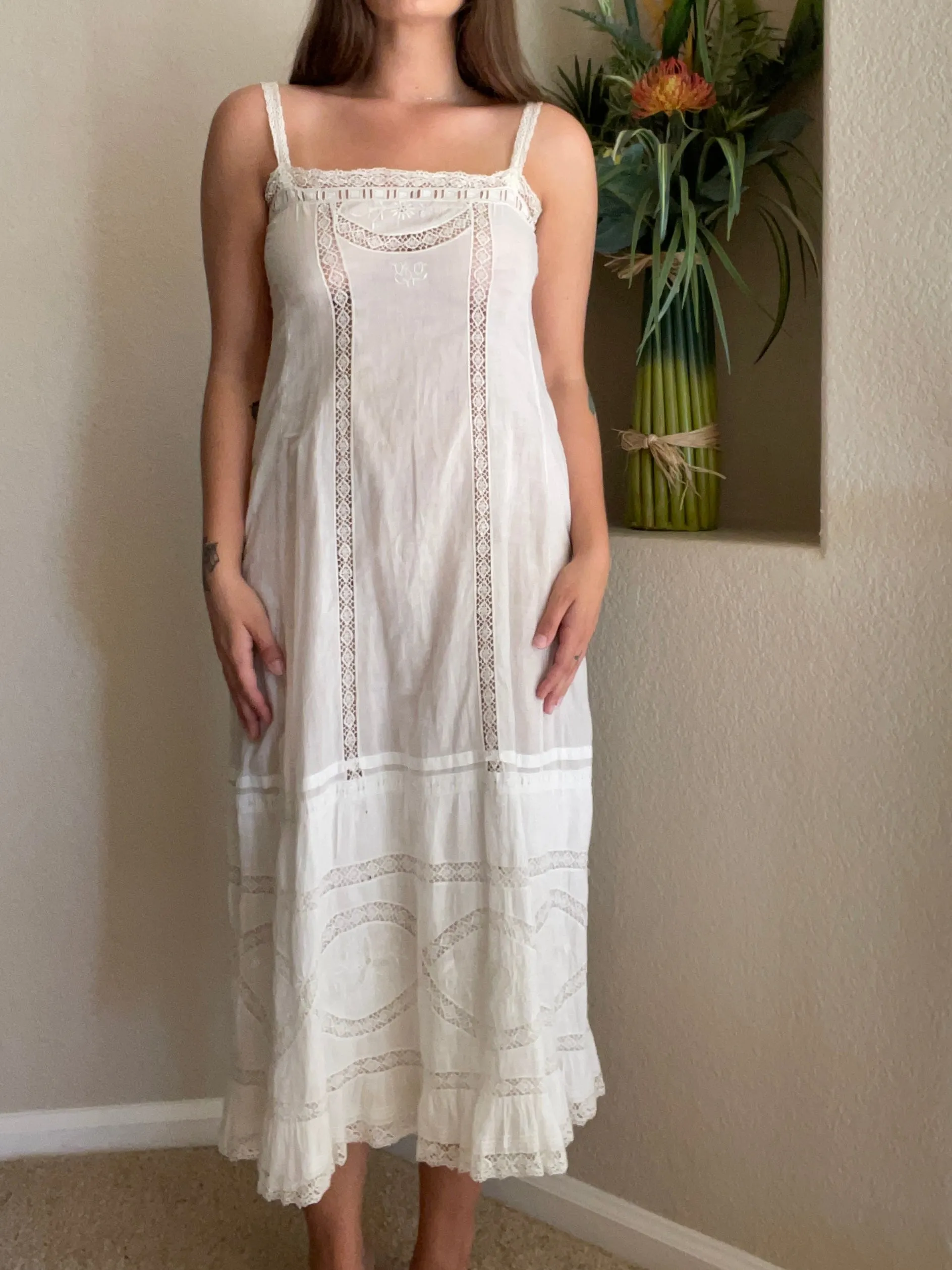 Edwardian Monogrammed Crochet Lace & Cotton Slip Dress