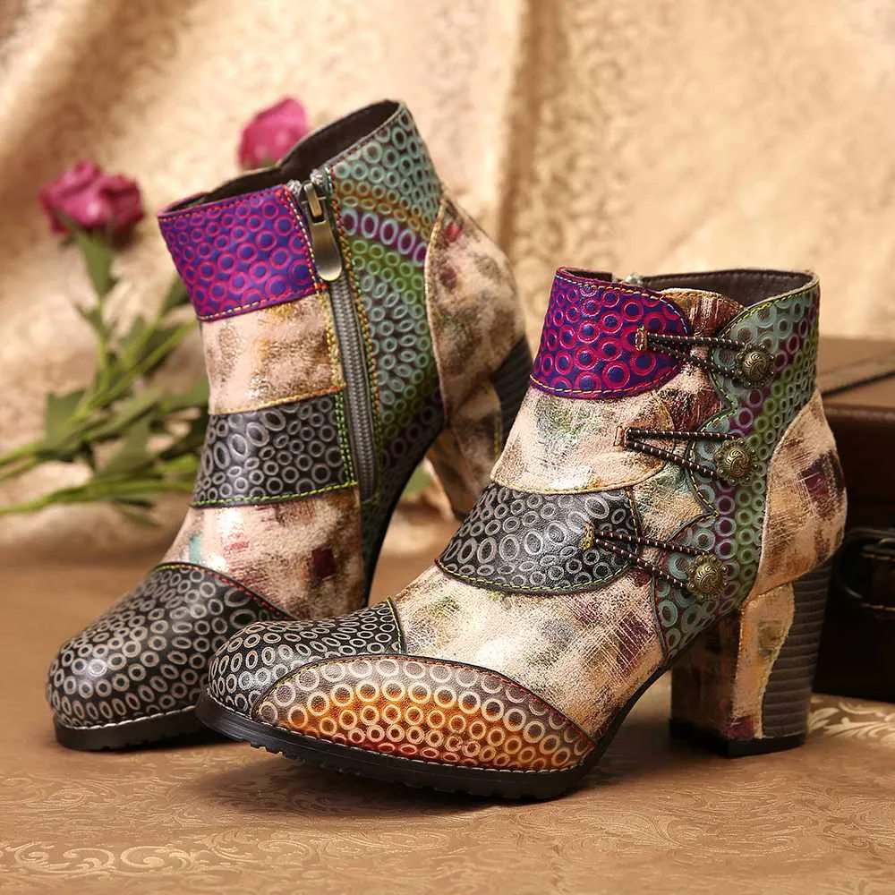 Embossed Boots Genuine Leather Retro Buckle Zipper High Heel Ankle Boots Elegant Shoes Women Shoes Botas Mujer 2020