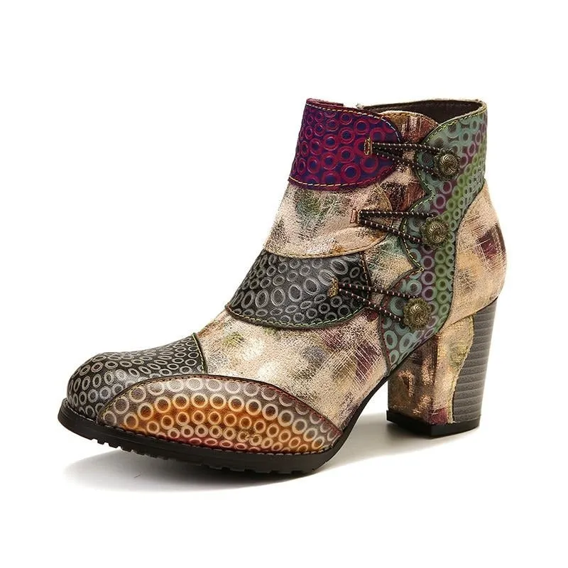 Embossed Boots Genuine Leather Retro Buckle Zipper High Heel Ankle Boots Elegant Shoes Women Shoes Botas Mujer 2020
