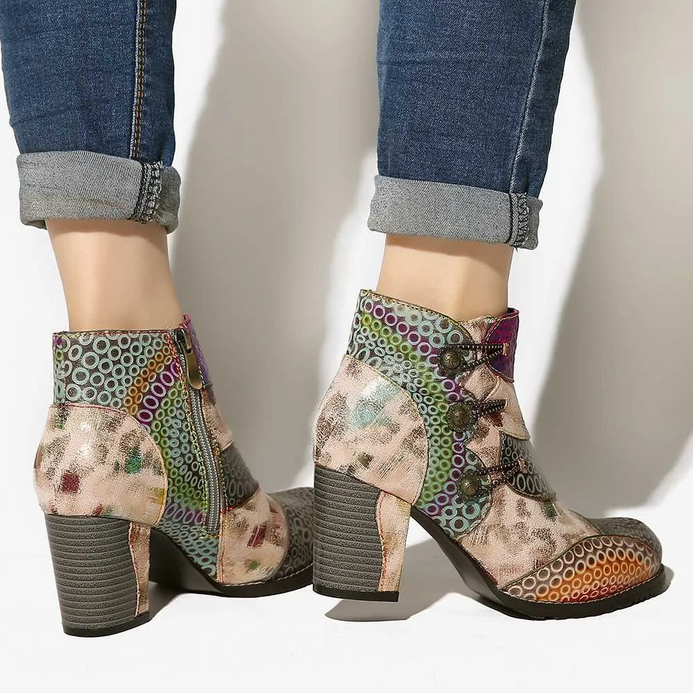 Embossed Boots Genuine Leather Retro Buckle Zipper High Heel Ankle Boots Elegant Shoes Women Shoes Botas Mujer 2020