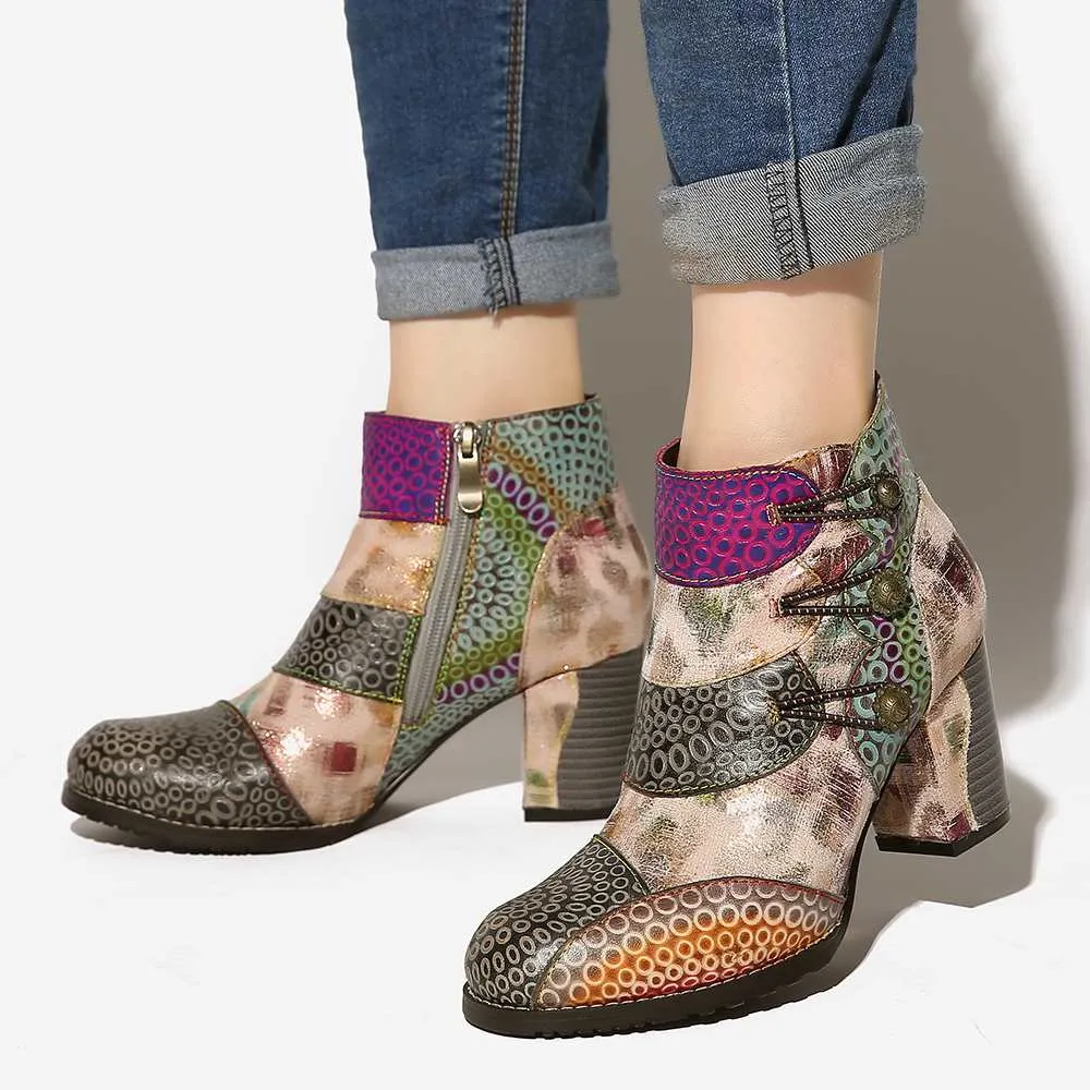 Embossed Boots Genuine Leather Retro Buckle Zipper High Heel Ankle Boots Elegant Shoes Women Shoes Botas Mujer 2020
