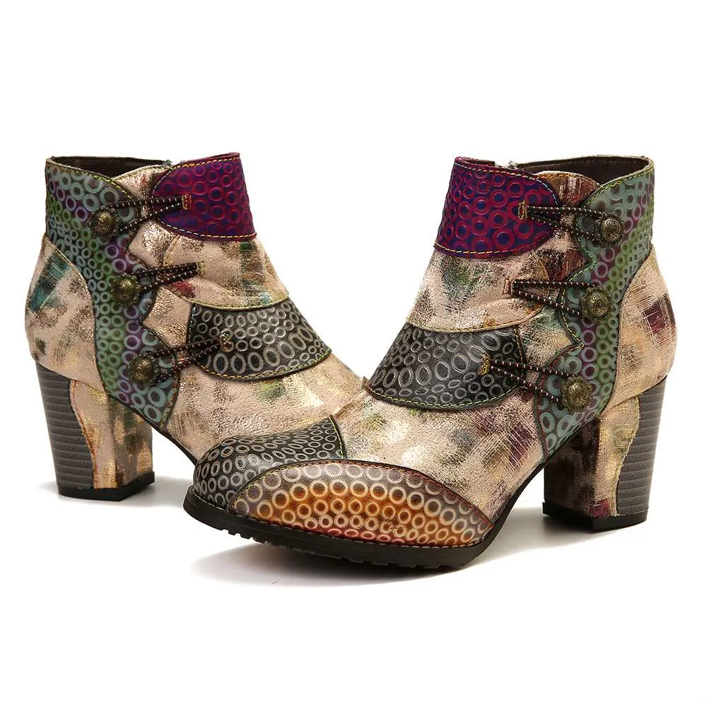 Embossed Boots Genuine Leather Retro Buckle Zipper High Heel Ankle Boots Elegant Shoes Women Shoes Botas Mujer 2020