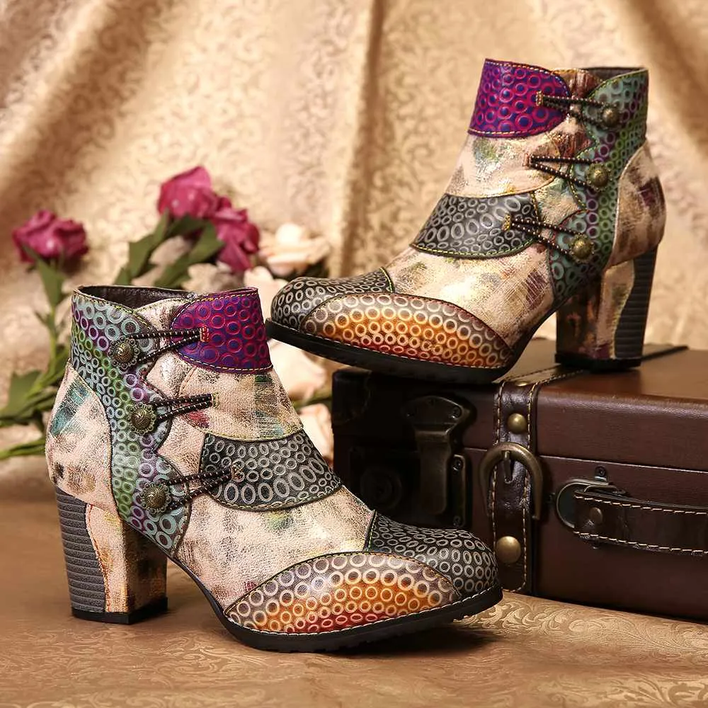 Embossed Boots Genuine Leather Retro Buckle Zipper High Heel Ankle Boots Elegant Shoes Women Shoes Botas Mujer 2020