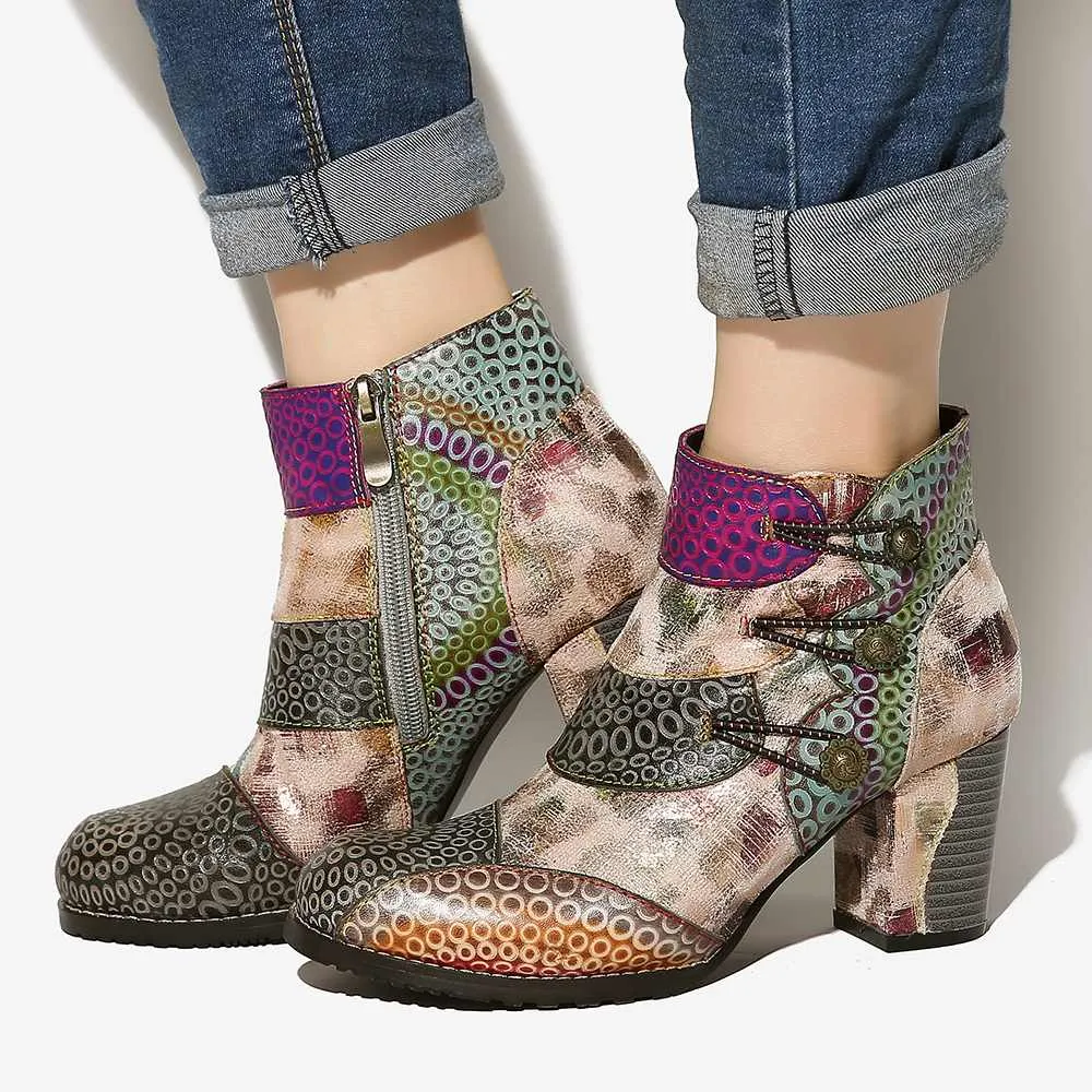 Embossed Boots Genuine Leather Retro Buckle Zipper High Heel Ankle Boots Elegant Shoes Women Shoes Botas Mujer 2020