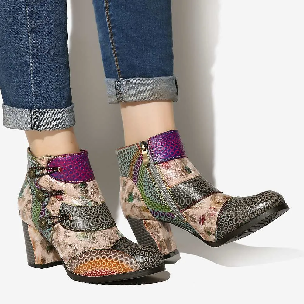 Embossed Boots Genuine Leather Retro Buckle Zipper High Heel Ankle Boots Elegant Shoes Women Shoes Botas Mujer 2020
