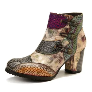 Embossed Boots Genuine Leather Retro Buckle Zipper High Heel Ankle Boots Elegant Shoes Women Shoes Botas Mujer 2020