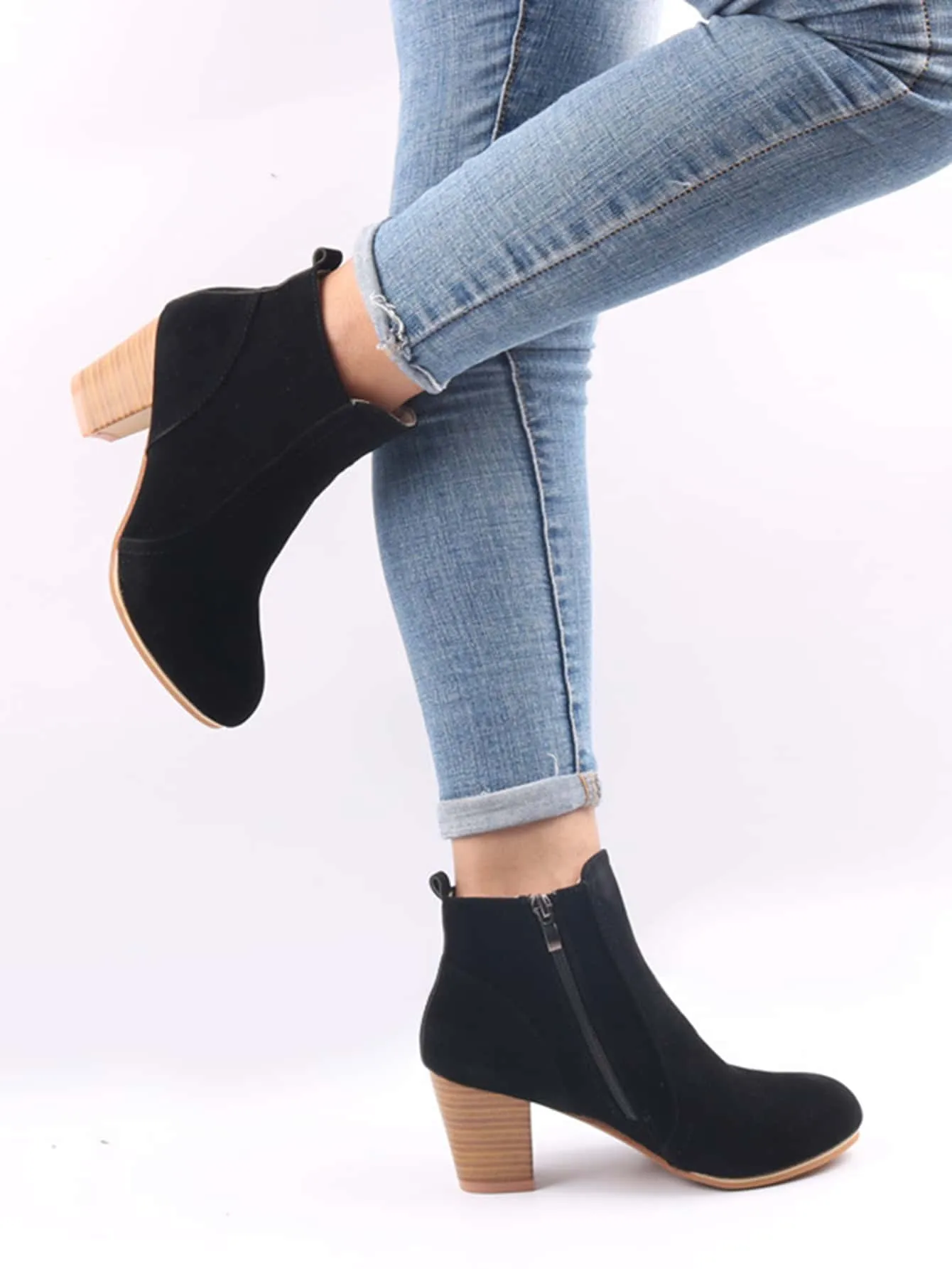Faux Suede Zipper Side Chunky Heeled Boots - Black