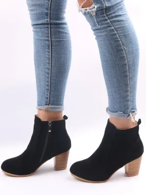 Faux Suede Zipper Side Chunky Heeled Boots - Black